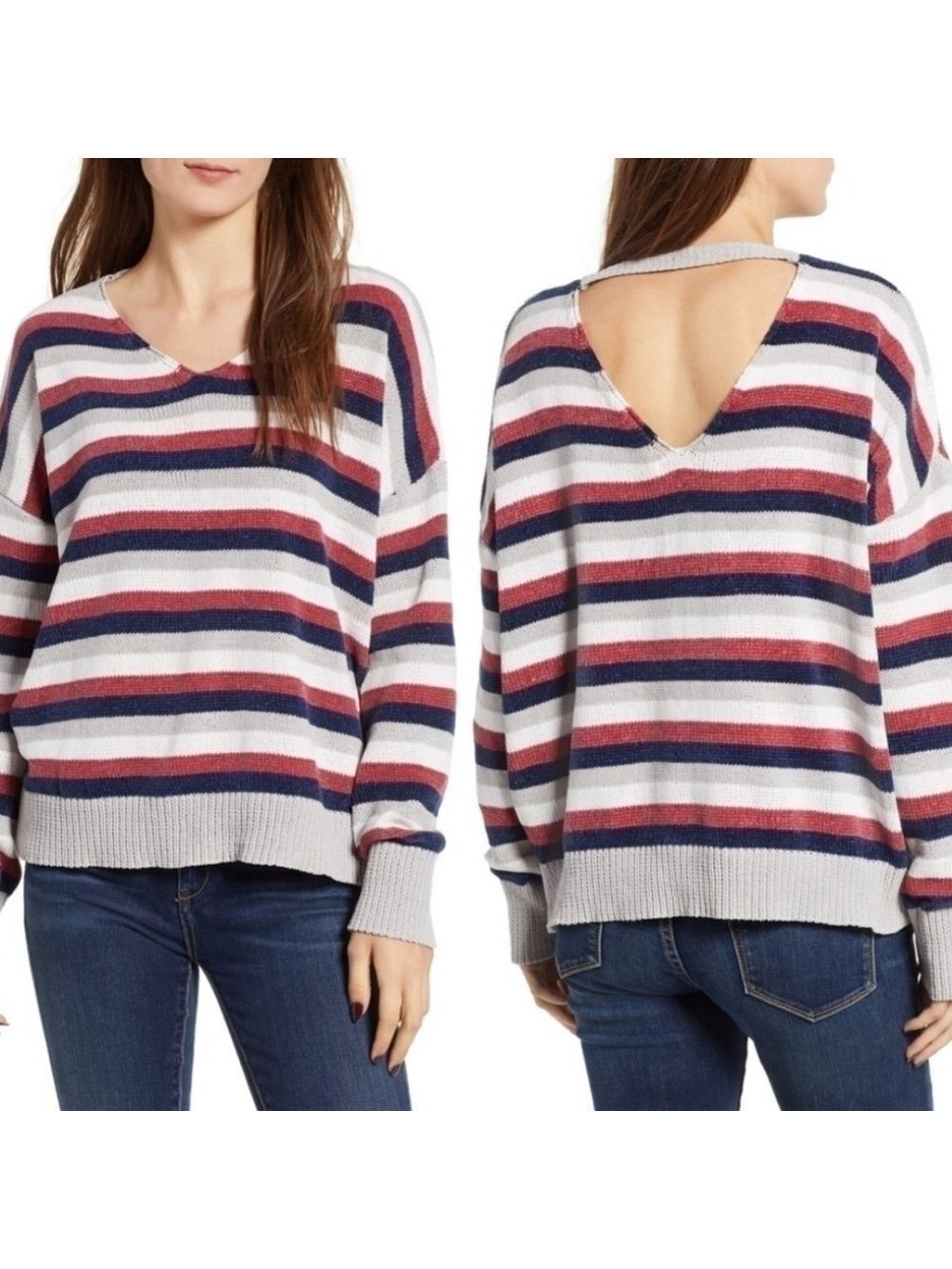 Woven Heart from Nordstom Striped Double V Neck Soft Oversized Sweater Size XS